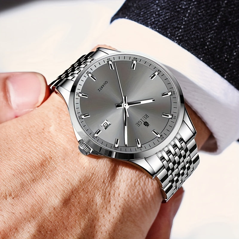 RUIGE Men's Luxury Quartz Watch Stainless Steel with Calendar Night Light Rhinestone Accents - Sports Business Dress Watch for Men Gift for Him