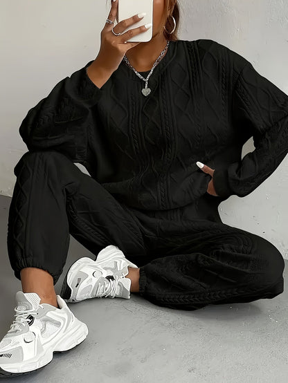 Women's 2-Piece Pullover Sweatsuit Set – Textured Jacquard Crewneck Long Sleeve Top & Sweatpants Tracksuit Breathable Casual Loungewear for Spring Summer S-XXL