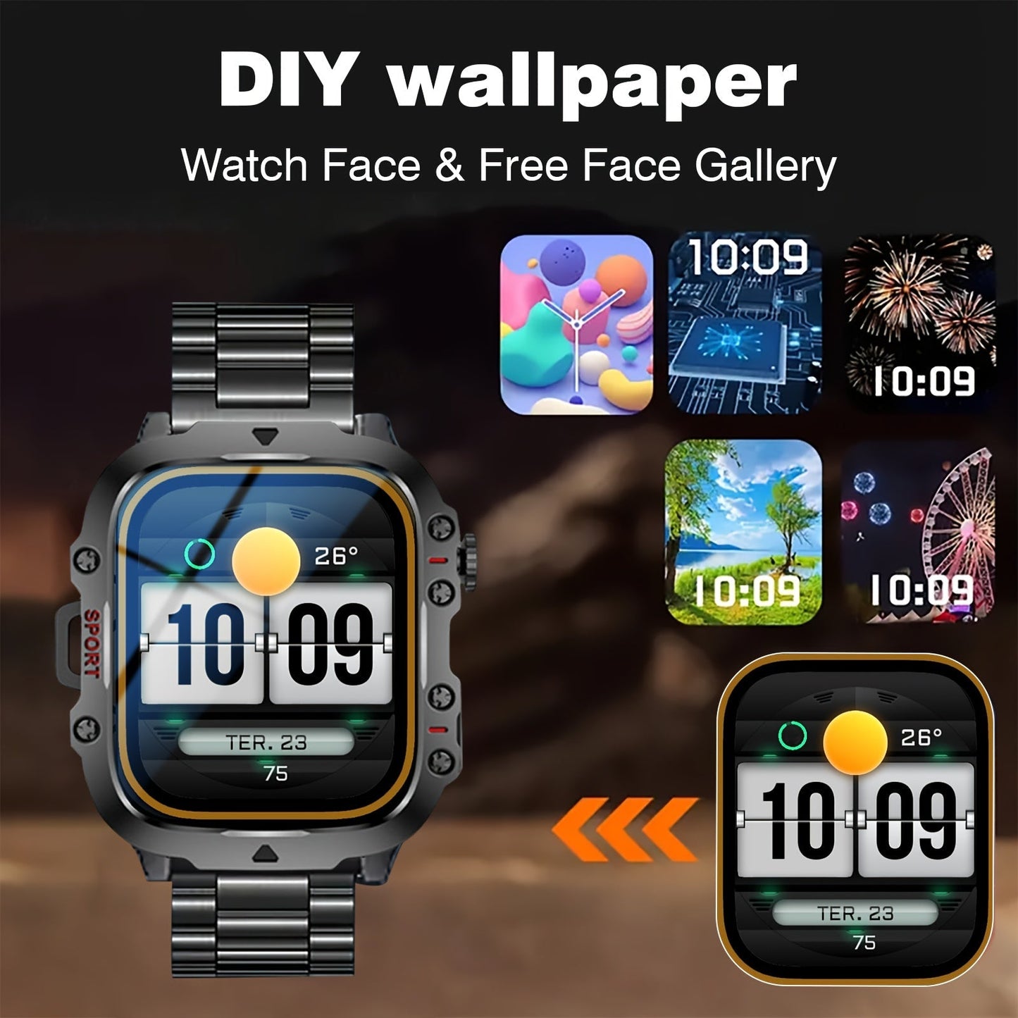 Men's Outdoor Smart Watch 1.81 Inch HD Touchscreen Wireless Calling LED Multiple Sports Modes USB Charging Fitness Tracker Compatible with Android iPhone Silicone Stainless Steel Band Black Gold