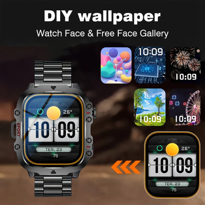 Men's Outdoor Smart Watch 1.81 Inch HD Touchscreen Wireless Calling LED Multiple Sports Modes USB Charging Fitness Tracker Compatible with Android iPhone Silicone Stainless Steel Band Black Gold