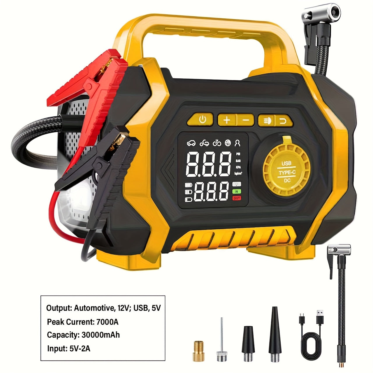 7000A Portable Jump Starter with Air Compressor – 8-in-1 Car Battery Booster, 150PSI Auto-Stop Tire Inflator, Power Bank, LED Emergency Light – Fits Gas up to 9L & Diesel up to 8.5L, 12V Vehicles