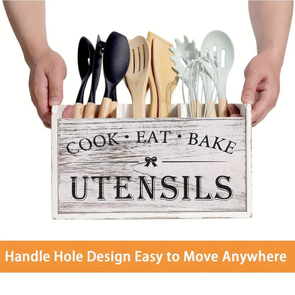Rustic Wooden Kitchen Utensil Organizer with Handle & 3 Compartments – Countertop or Wall Mount Caddy for Cooking, Dining & Baking Tools – Farmhouse Kitchen Storage in White & Black
