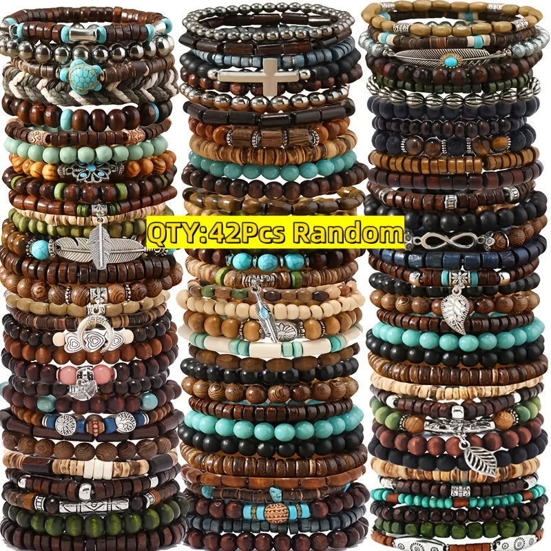42pcs Vintage Bohemian Wooden Beaded Bracelet Set for Women & Men – Ethnic Stackable Boho Hand String Bracelets Random Mix, Outdoor Festival Holiday Jewelry Accessory Collection