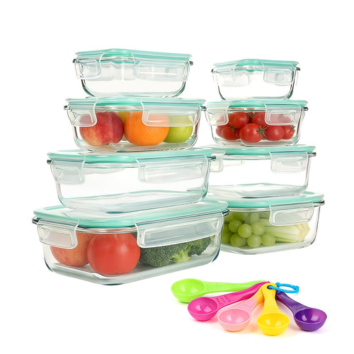 Glass Food Storage Containers with Lids 16-Piece Set (8 Containers + 8 Lids), Airtight Meal Prep Containers Microwave Oven Freezer Safe, Lunch Boxes for Salads Fruits Vegetables Sandwiches Leftovers