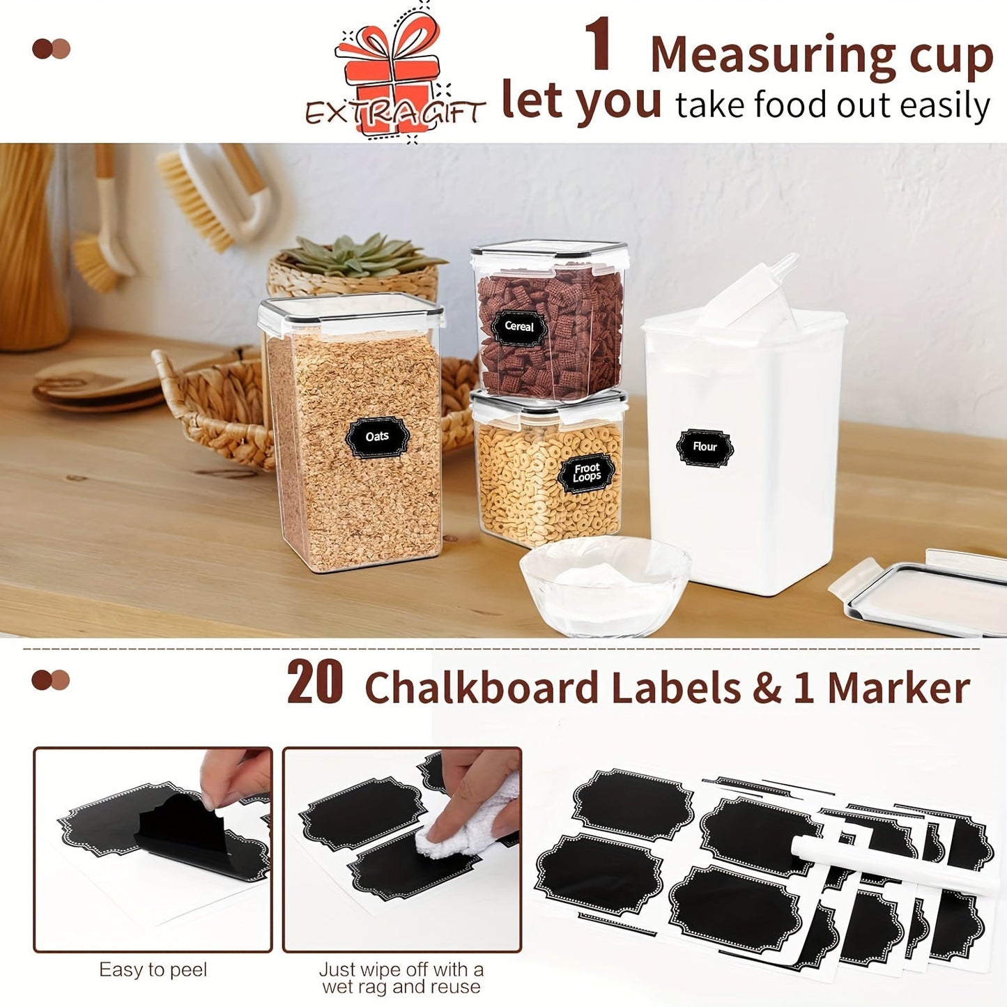 Airtight Food Storage Containers with Lids 10 Pack Set – BPA Free Cereal & Pantry Organizer for Flour Sugar Rice, Includes Measuring Cup, Labels & Marker