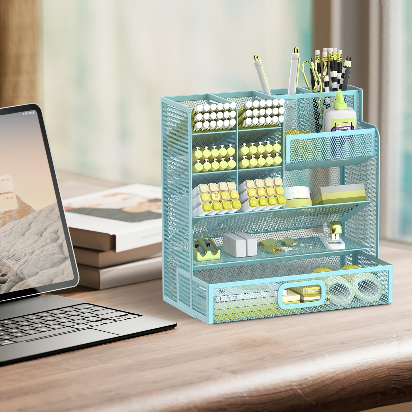 Mesh Desk Organizer with Drawer & Pen Holder – Pencil Cup Storage for Office, School & Art Studio, Breathable Mesh Design, Available in Black, Yellow & Blue