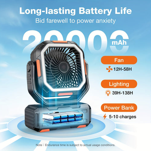 20000mAh Portable Camping Fan with Remote & Oscillation – Rechargeable 4-Speed Quiet Fan with LED Lantern, 45°/90° Oscillation, Timer & Hook for Tent, Car, RV, Bedroom & Emergency Cooling, 12-138Hr Runtime
