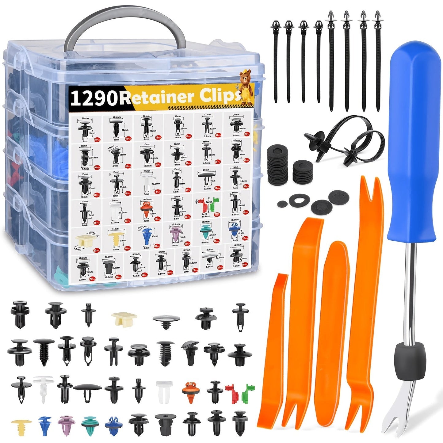 Car Push Retainer Clips Assortment Kit 115/635/640/1290 Pcs - 16 Sizes Nylon Bumper Fender Rivets Automotive Fasteners with Cable Ties & Removal Tool