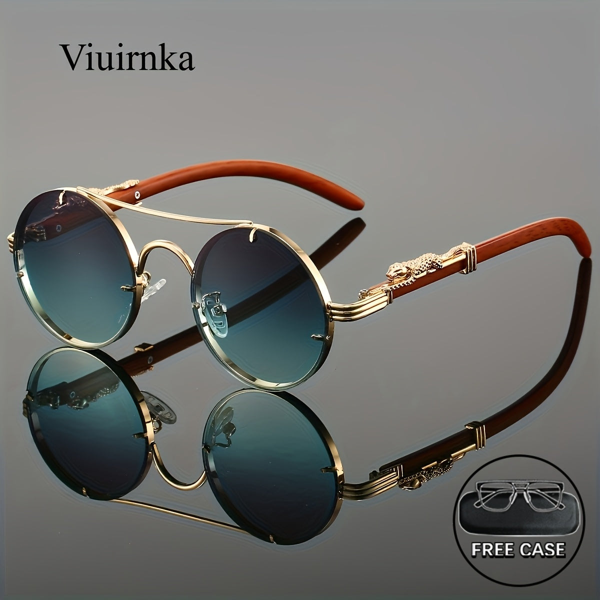 Round Metal Frame Gradient Sunglasses for Men & Women – Luxury Double Bridge, Leopard Detail Hinges, Gradient PC Lenses, Includes Case, Chic Vacation & Street Style Eyewear