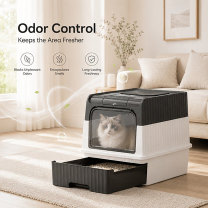 Large Covered Cat Litter Box with Pull-Out Drawer & Scoop – Fully Enclosed Cat Toilet, Front Entry Top Exit, Odor Control, Leak-Resistant Easy-Clean Tray for Multi-Cat Homes, Obsidian Black / Shell Gray / Sand Pink