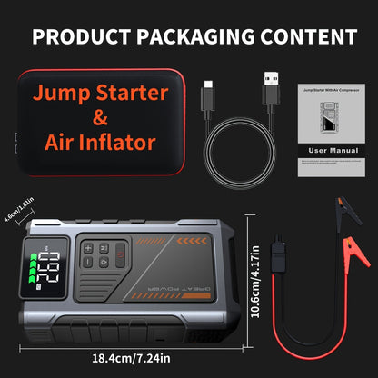5-in-1 Jump Starter with Air Compressor 5000A Peak – 150 PSI Tire Inflator, 12V Car Battery Jump Pack for Gas & Diesel, Smart Cables & Battery Charger