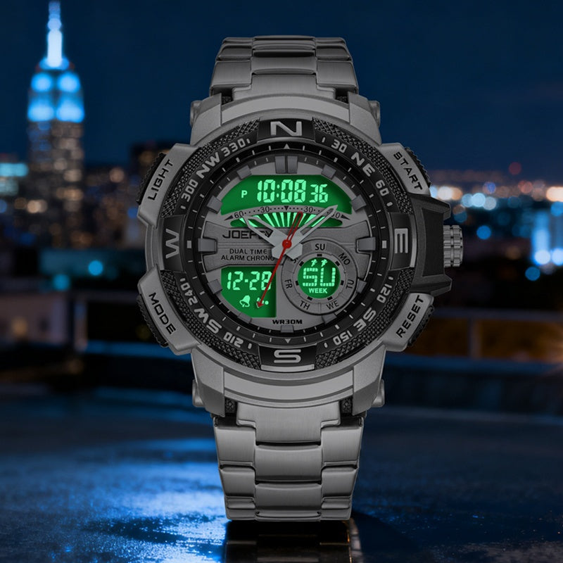 Men's Dual Display Sport Watch – Large Face LED Night Light, 3ATM Waterproof, Chronograph, Alarm & Calendar, Field Style Wristwatch in Gold & Silver