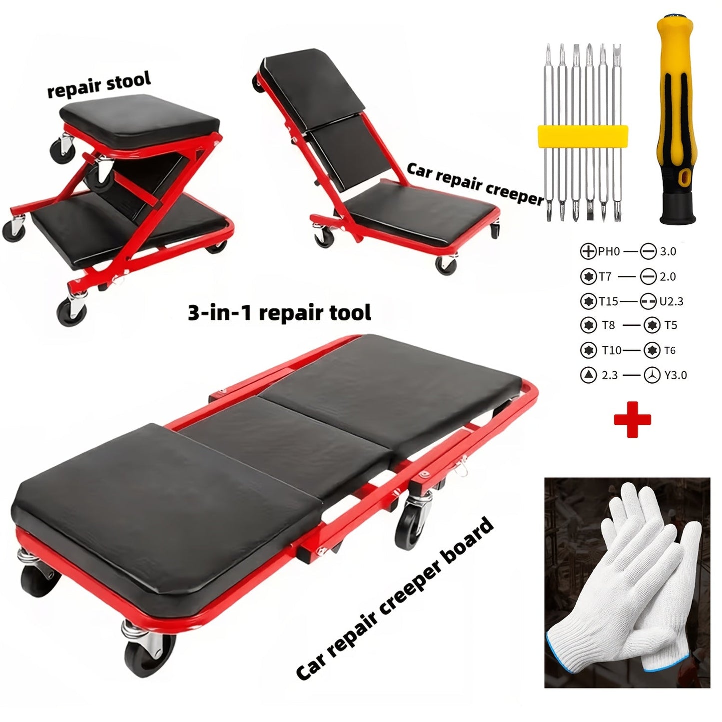 36 Inch Folding Mechanic Creeper Z-Crawl Board with 6 Swivel Wheels – Adjustable Load Board Car Crawl Seat with Tool Kit, Deck Repair & Tire Repair Accessories, DIY Auto Mechanic Gift for Men, Husbands & Car Enthusiasts