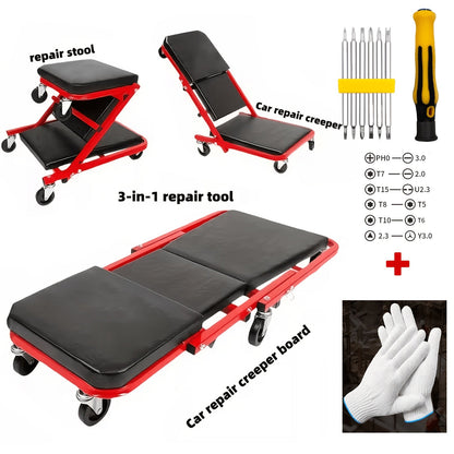 36 Inch Folding Mechanic Creeper Z-Crawl Board with 6 Swivel Wheels – Adjustable Load Board Car Crawl Seat with Tool Kit, Deck Repair & Tire Repair Accessories, DIY Auto Mechanic Gift for Men, Husbands & Car Enthusiasts