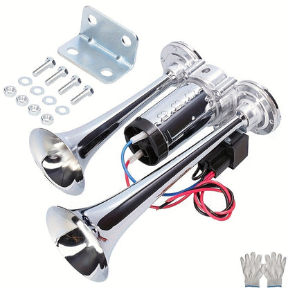 Super Loud 12V 24V Dual Air Horn Kit with Air Compressor 105-137dB Universal Truck Train Car SUV Motorcycle Boat Pickup Aluminum Alloy Electric Horn