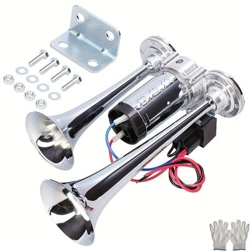 Super Loud 12V 24V Dual Air Horn Kit with Air Compressor 105-137dB Universal Truck Train Car SUV Motorcycle Boat Pickup Aluminum Alloy Electric Horn