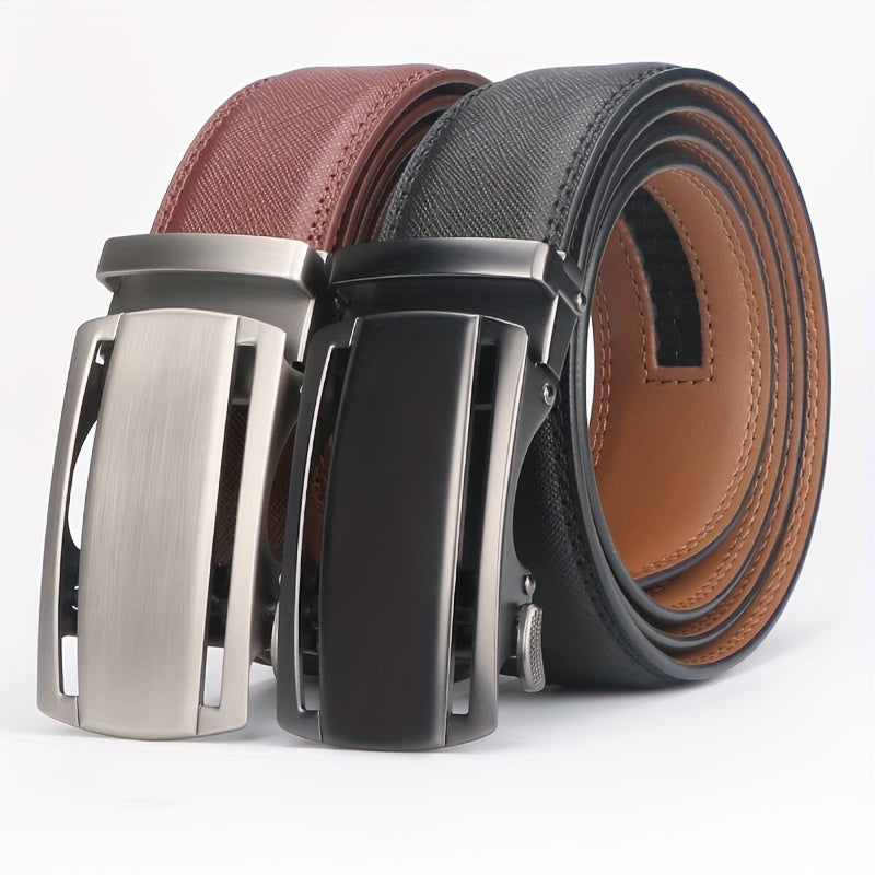 Men’s Genuine Leather Ratchet Belt with Automatic Buckle – Adjustable Alloy Buckle Casual & Business Belt Sizes 110–130cm, Perfect Father’s Day Gift for Him