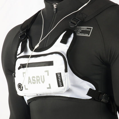 Reflective Chest Bag Running Vest Pack Lightweight Adjustable Crossbody Sling Bag for Men Women – Waterproof Sport Chest Pack for Cycling Hiking Skiing with Headphone Hole, Black & White