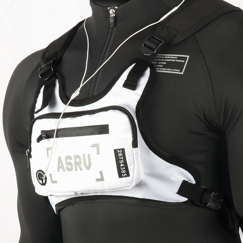 Reflective Chest Bag Running Vest Pack Lightweight Adjustable Crossbody Sling Bag for Men Women – Waterproof Sport Chest Pack for Cycling Hiking Skiing with Headphone Hole, Black & White
