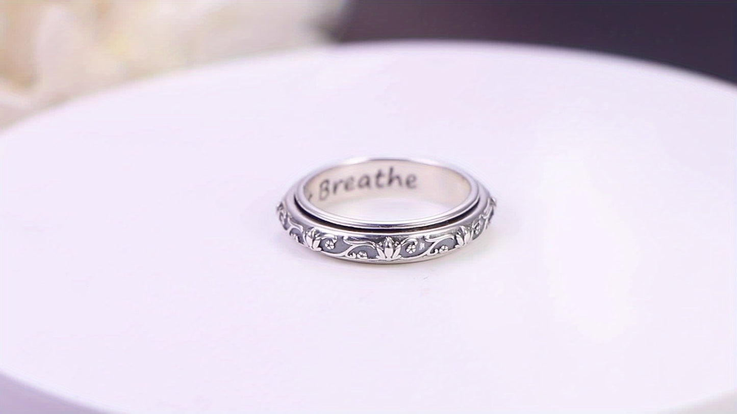 S925 Sterling Silver Lotus Flower Spinner Anxiety Ring – Just Breathe Oxidized Fidget Band for Stress Relief ADHD Autism Yoga, Unisex Worry Ring Sizes 8-12 Gift for Women Men