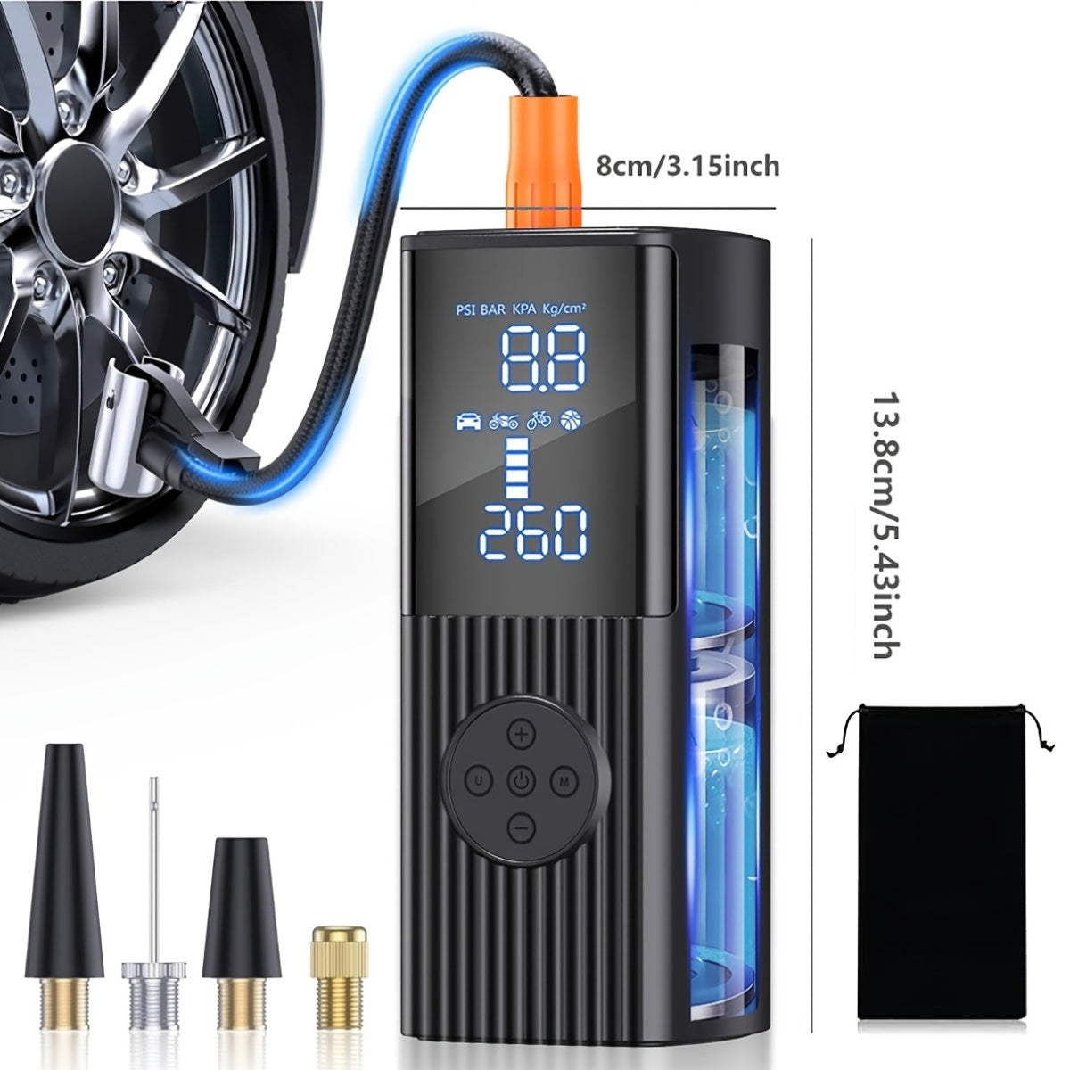 Portable Tire Inflator 210PSI Cordless with Digital Pressure Gauge, Rechargeable Battery & LED Light – Wireless Air Pump for Car, Motorcycle, Bicycle & Sports Balls – Velora
