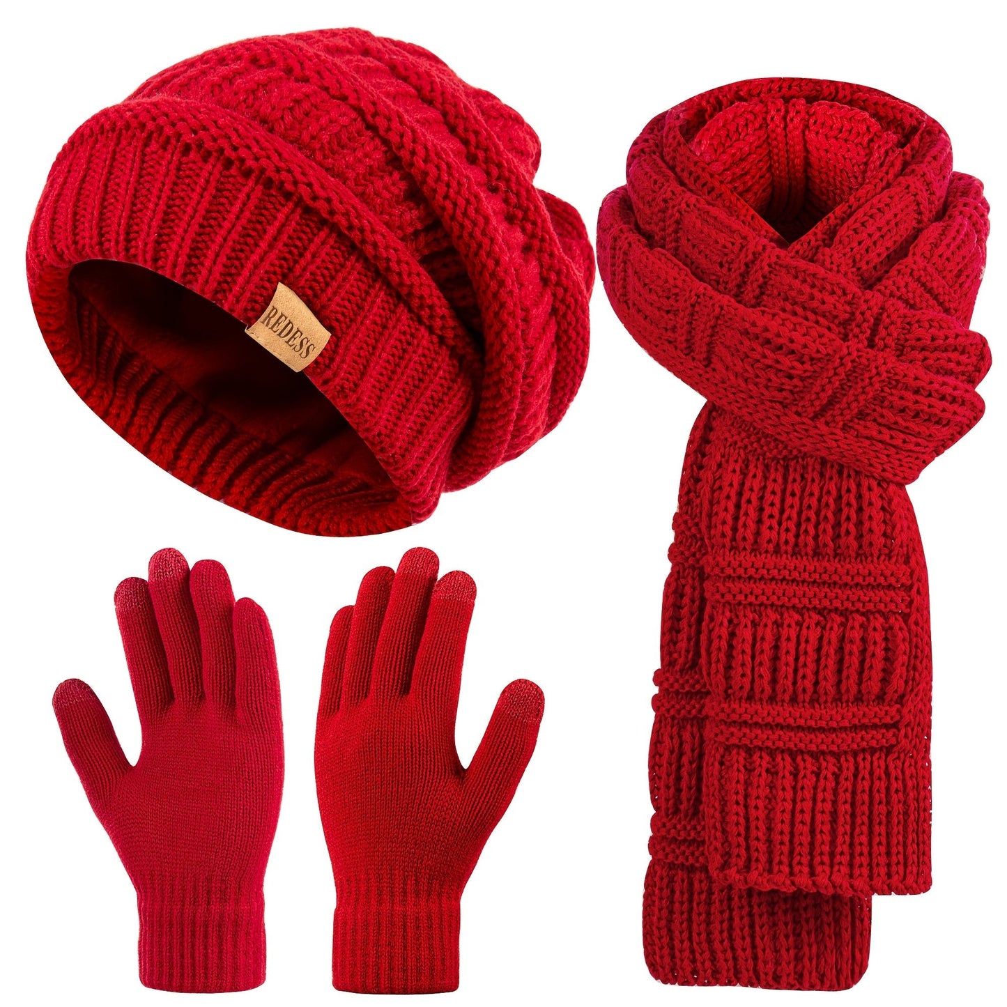 Women's 3-in-1 Winter Set Hat Long Scarf Touchscreen Gloves Soft Warm Cold Weather Accessories 4 Colors Gift for Her