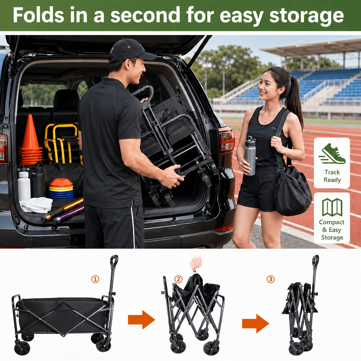 Heavy Duty Folding Wagon Cart 330-450 lbs Capacity, All-Terrain Iron Frame & 800D Oxford Fabric, Foldable Utility Pull Cart No Assembly Required for Camping, Beach, Garden, Sports & Outdoor Use