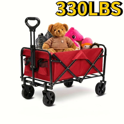Heavy Duty Folding Wagon Cart 330-450 lbs Capacity, All-Terrain Iron Frame & 800D Oxford Fabric, Foldable Utility Pull Cart No Assembly Required for Camping, Beach, Garden, Sports & Outdoor Use