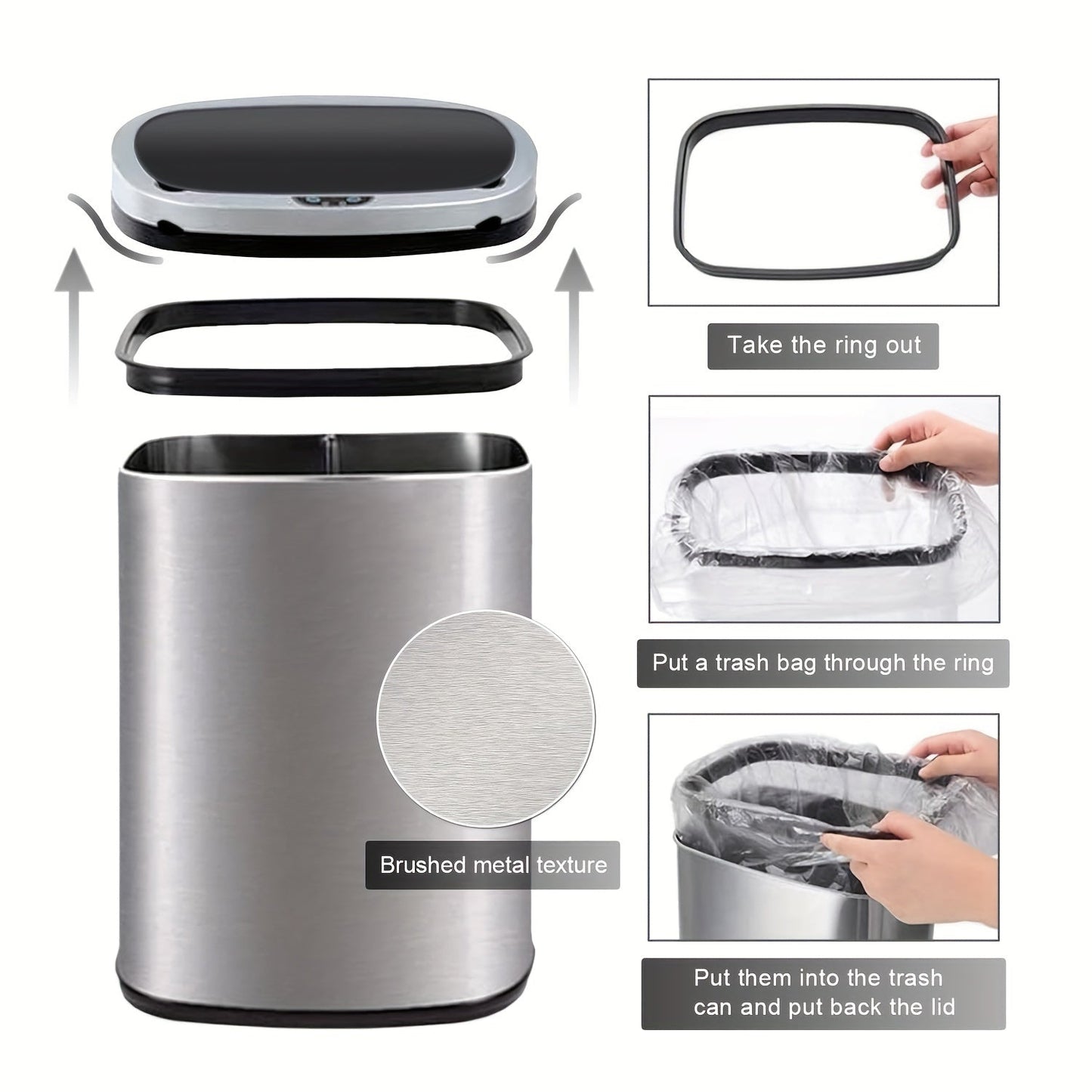 13 Gallon Touchless Trash Can 50L Automatic Motion Sensor Lid | Stainless Steel & Plastic Kitchen Waste Bin | Soft Close Hands-Free Garbage Can | Kitchen Office Bedroom | Black White Red Pink