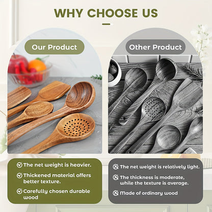 Wooden Kitchen Utensils Set 3/5/7 Piece, Natural Wood Spoons Spatulas Spurtle Ladle & Wok Spatula with Ergonomic Handles, Heat-Resistant Non-Stick Safe Heavy-Duty Cooking Tools for Home Kitchen