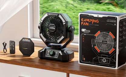 20000mAh Camping Fan with Dual Motor – Battery Operated Portable Fan with 4 LED Lantern Modes, 8 Speeds & Remote Control, Hanging Hook for Tent, Power Outages & Jobsite Use