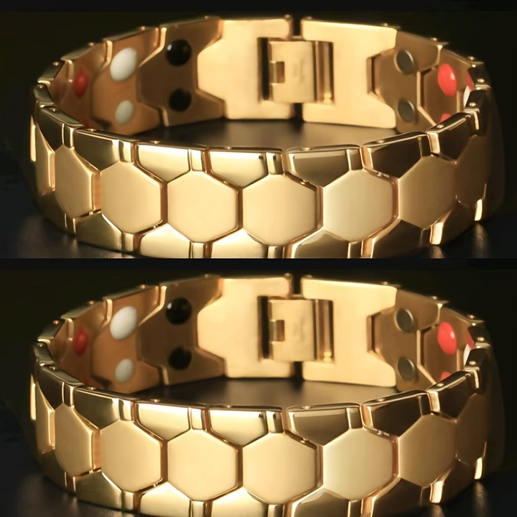 Men's Titanium Alloy Hexagonal Wide Bracelet 2pcs – Hypoallergenic Water-Resistant Removable Wristband with Snap Ring, Fashion Accessory Gift for Men in Black Silver Gold