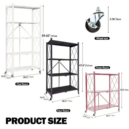 Heavy Duty Folding Storage Rack with Wheels – 3/4/5-Tier Portable Floor-Standing Shelf, No Assembly Required, for Home, Office, Bedroom & Dorm, 4 Colors Available