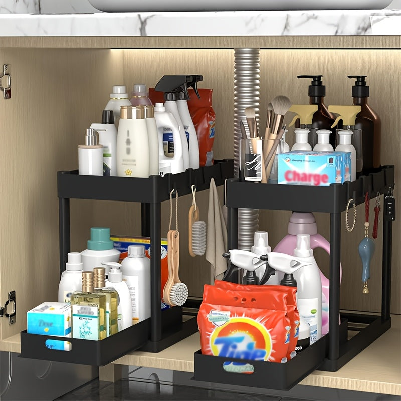 Under Sink Organizer 2-Pack Double-Tier Sliding Baskets 8 Hooks Expandable – Kitchen Bathroom Cabinet Storage Rack Organization Moonlight White Black Gray