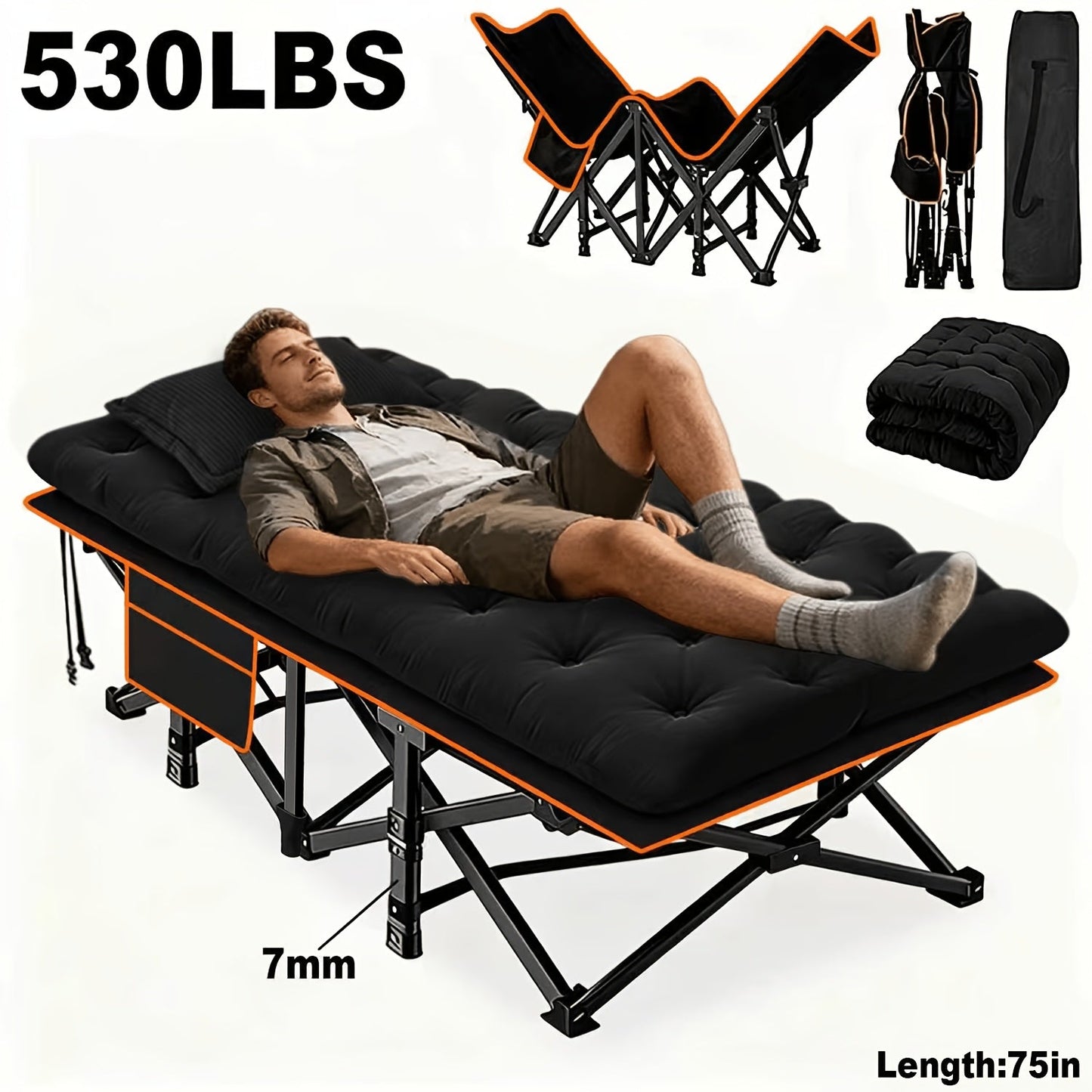 Heavy Duty Folding Bed with Optional Mattress up to 630 LBS – Portable Camping Cot with Multi-Leg Support, Side Pockets & Pillow, 59–77 Inch All Season Guest Napping Bed Space Saving
