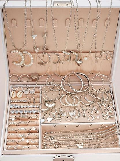 108pcs Imitation Pearl Jewelry Set for Women – Geometric Heart Butterfly Star Stackable Rings Earrings Necklace Bracelet, Fall Winter Fashion Accessories for Party Vacation Dating Holiday Gift