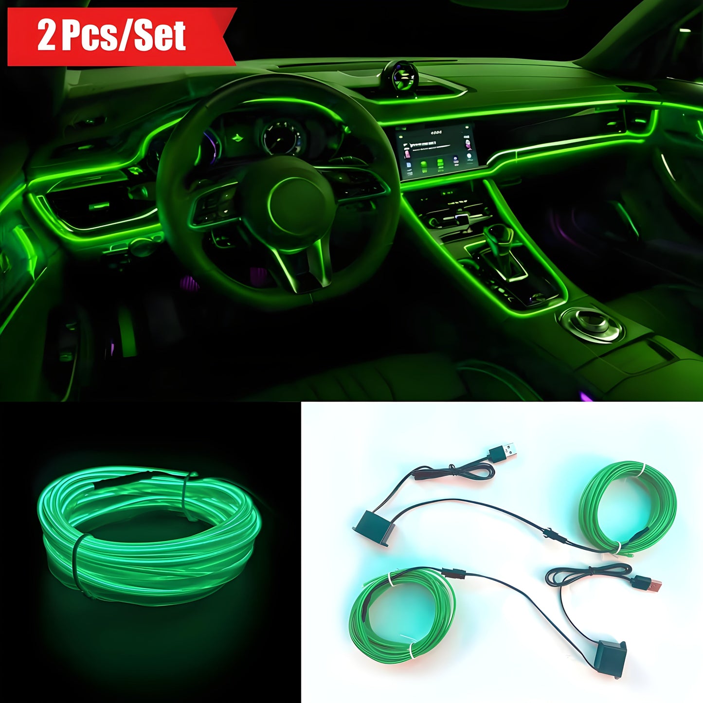 Car LED Strip Lights 16.4ft USB Neon EL Wire Interior Ambient Lighting Kit – 2 Sets, 7 Colors, Plug-and-Play, Universal Fit for Car Truck SUV RV, Great Gift for Car Lovers
