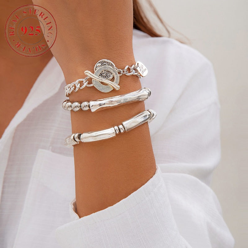 3pcs 925 Silver Chunky Bangle Set for Women – Stackable Hip Hop & Punk Style Bold Statement Bracelets, Silver-Plated, Layered Wrist Stack for Any Occasion