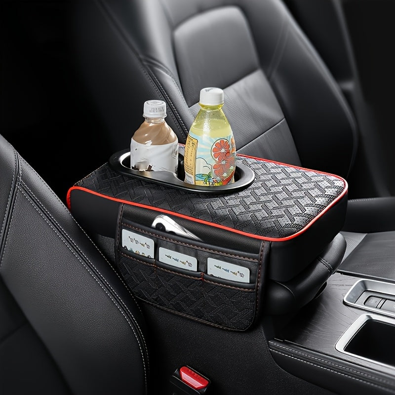 PU Leather Car Center Console Mat & Armrest Box Cover | Universal Fit, 2 Side Pockets, 2 Cup Holders, Phone & Card Storage, Tissue Box Replacement – Black, Grey, Red, Beige, Brown, Cream