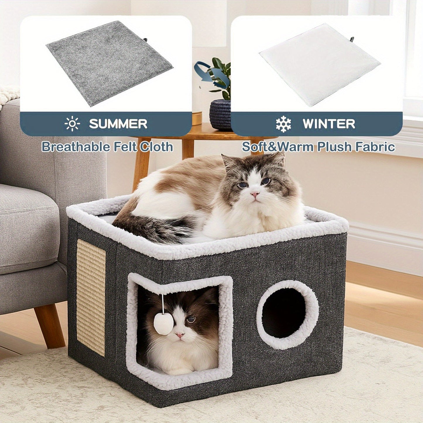Luxury Multi-Level Cat House Indoor Outdoor 2-Layer Bed Toy Tunnel Foldable Sofa Cat Scratching Board Climbing Rope Soft Cushion Cat Play Cube Weatherproof Nylon Frame Cat Arch Stairs