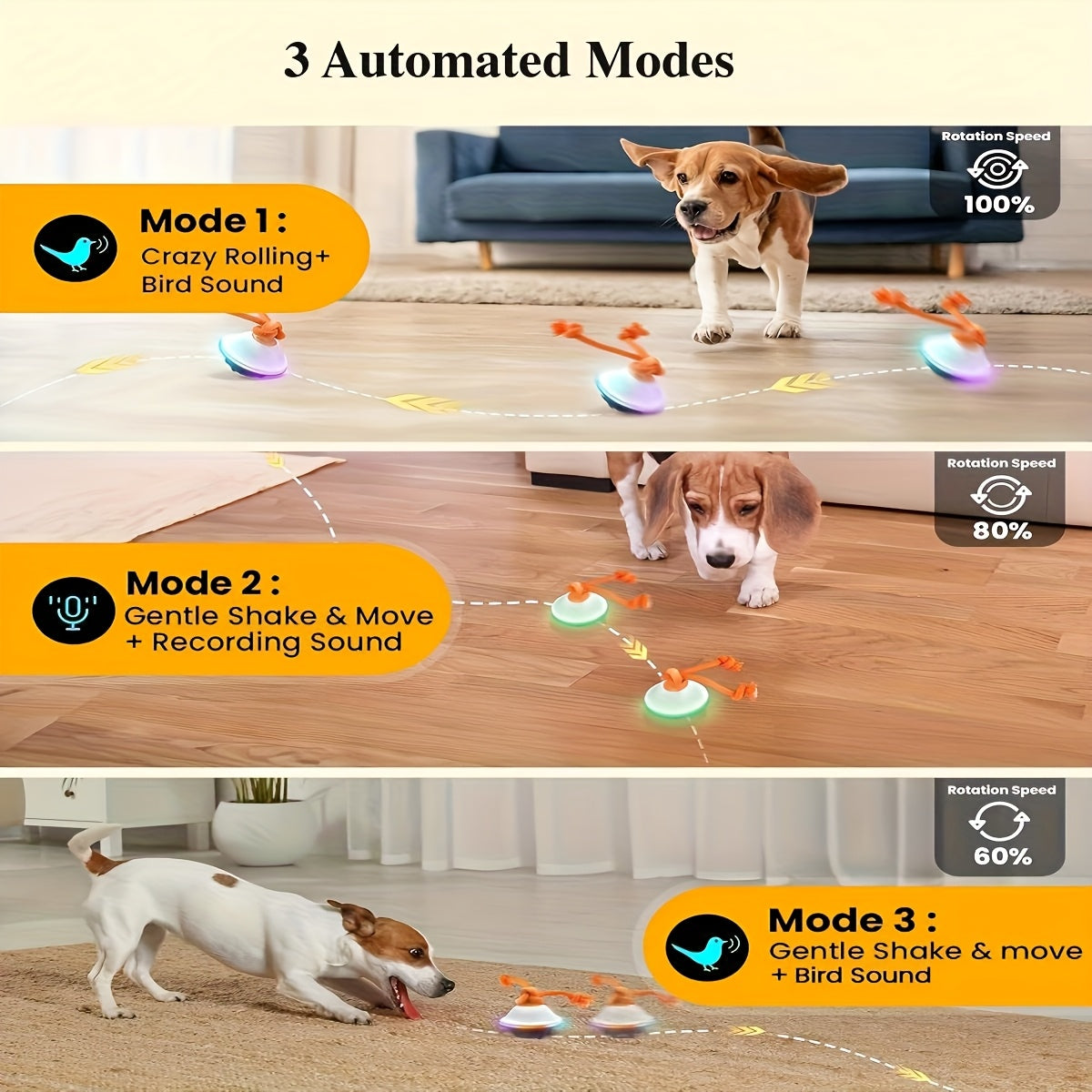 Automatic Moving Rolling Dog Ball Toy with Rope Motion Activated Voice Recording USB Rechargeable Interactive Stimulation Toy for Small Medium Dogs Boredom Relief Gray White