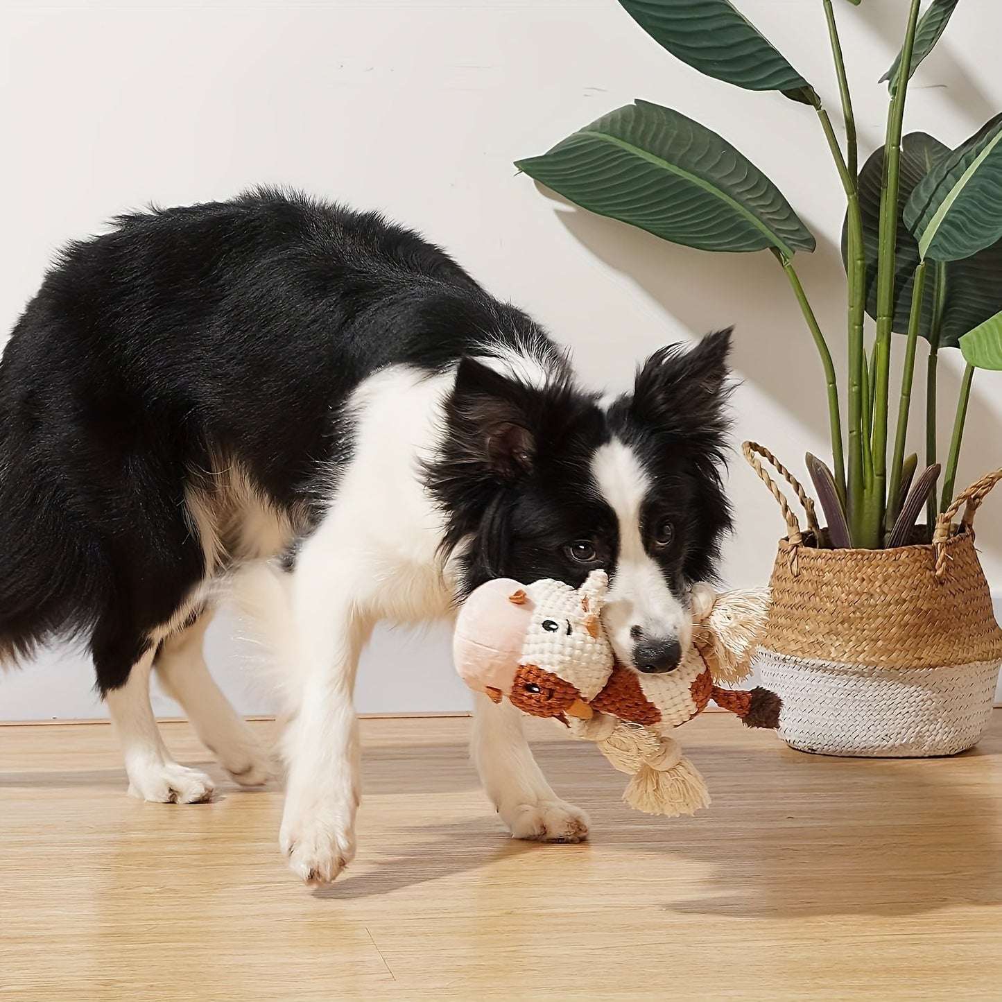 Squeaky Cow Dog Toy Plush Interactive Tug-of-War with Crinkle Paper, IQ Training Chew Toy for Small Medium Large Dogs, No Battery Needed, Anxiety Relief Pet Toy