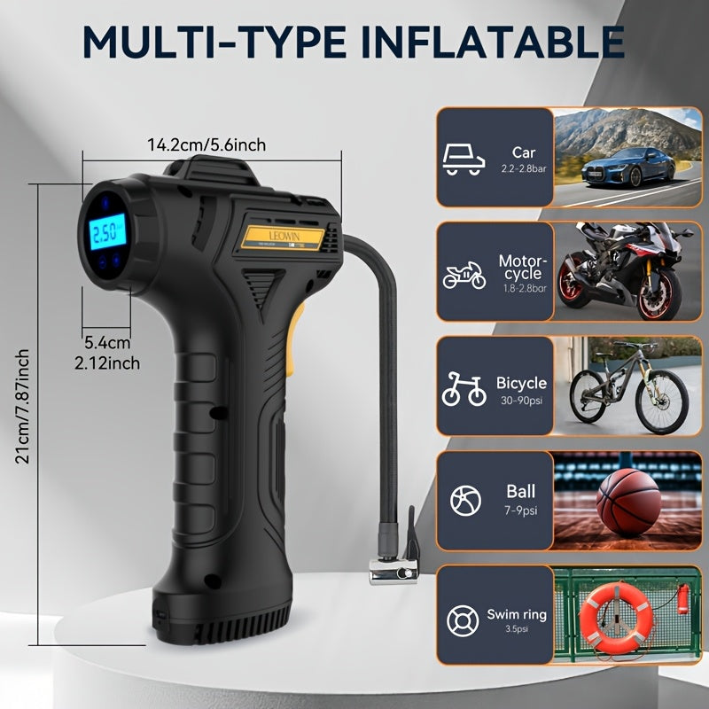 Portable Tire Inflator Air Compressor – 150 PSI Cordless Handheld Air Pump with Auto-Shutoff, Digital Pressure Gauge & LED Light for Cars, Motorcycles, Bikes & Balls, Rechargeable