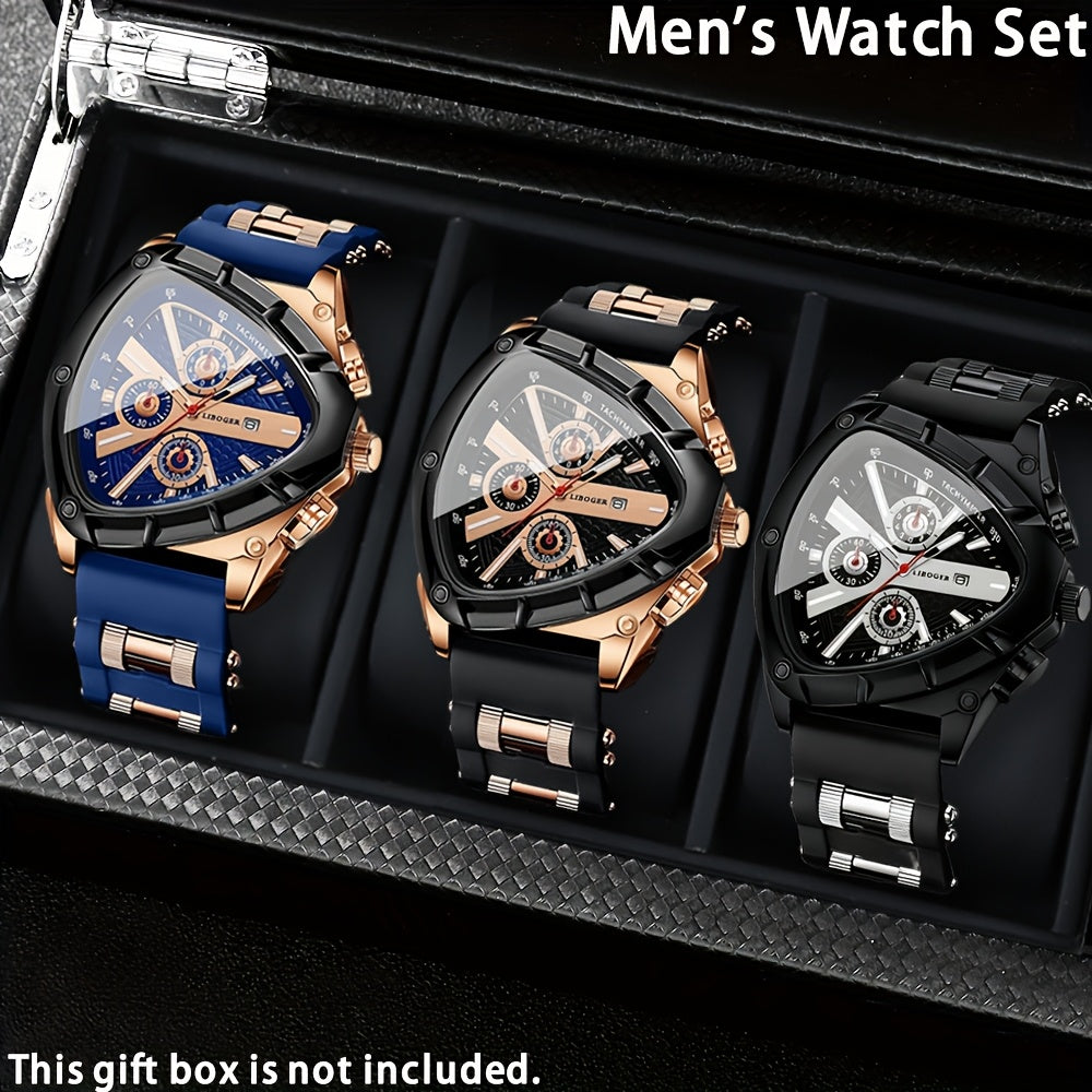 3pcs Men's Quartz Watch Set – Silicone Strap Date Display Triangular Dial, Fashion Sport Casual Wrist Watches for Men, Ideal Birthday Anniversary Gift Set