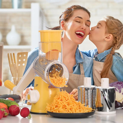 Rotary Cheese Grater Hand Crank Shredder with 3 Interchangeable Blades - Non-Slip Suction Base, Free Cleaning Brush, for Fresh Cheese, Vegetables & Nuts, Kitchen Tool Gift