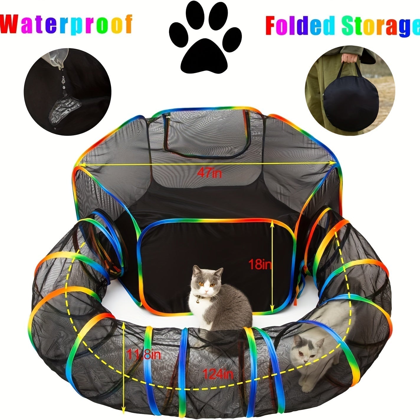 Rainbow Cat Playpen Outdoor Cat Enclosure with Circle Tunnel and Portable Pop-Up Tent, Foldable Cat Playground for Cats Kittens and Small Animals Indoor Outdoor Use