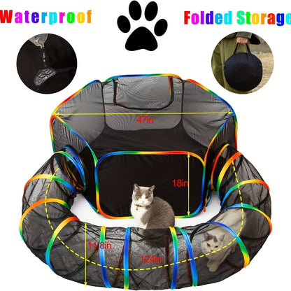 Rainbow Cat Playpen Outdoor Cat Enclosure with Circle Tunnel and Portable Pop-Up Tent, Foldable Cat Playground for Cats Kittens and Small Animals Indoor Outdoor Use