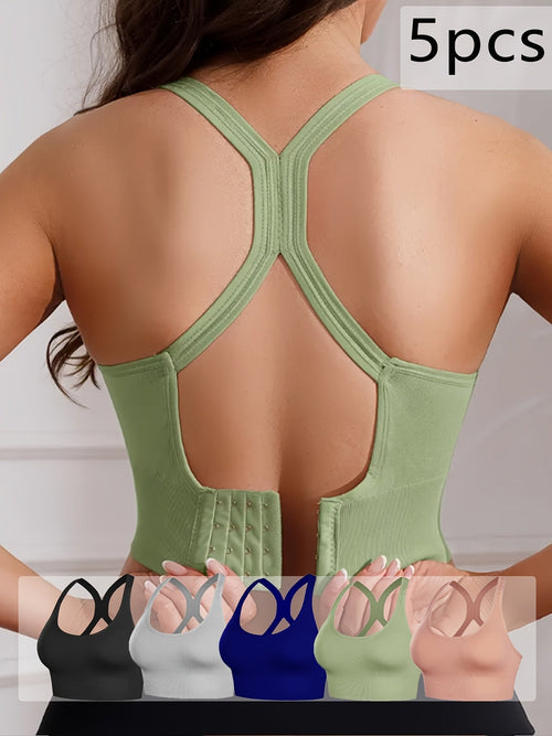 Women's X-Back Sports Bra 5-Pack – Wire-Free with Removable Pads, Breathable Workout Top for Yoga, Gym & Outdoor Activities, Adjustable Straps, Sizes M-XXL, 10 Colors Available