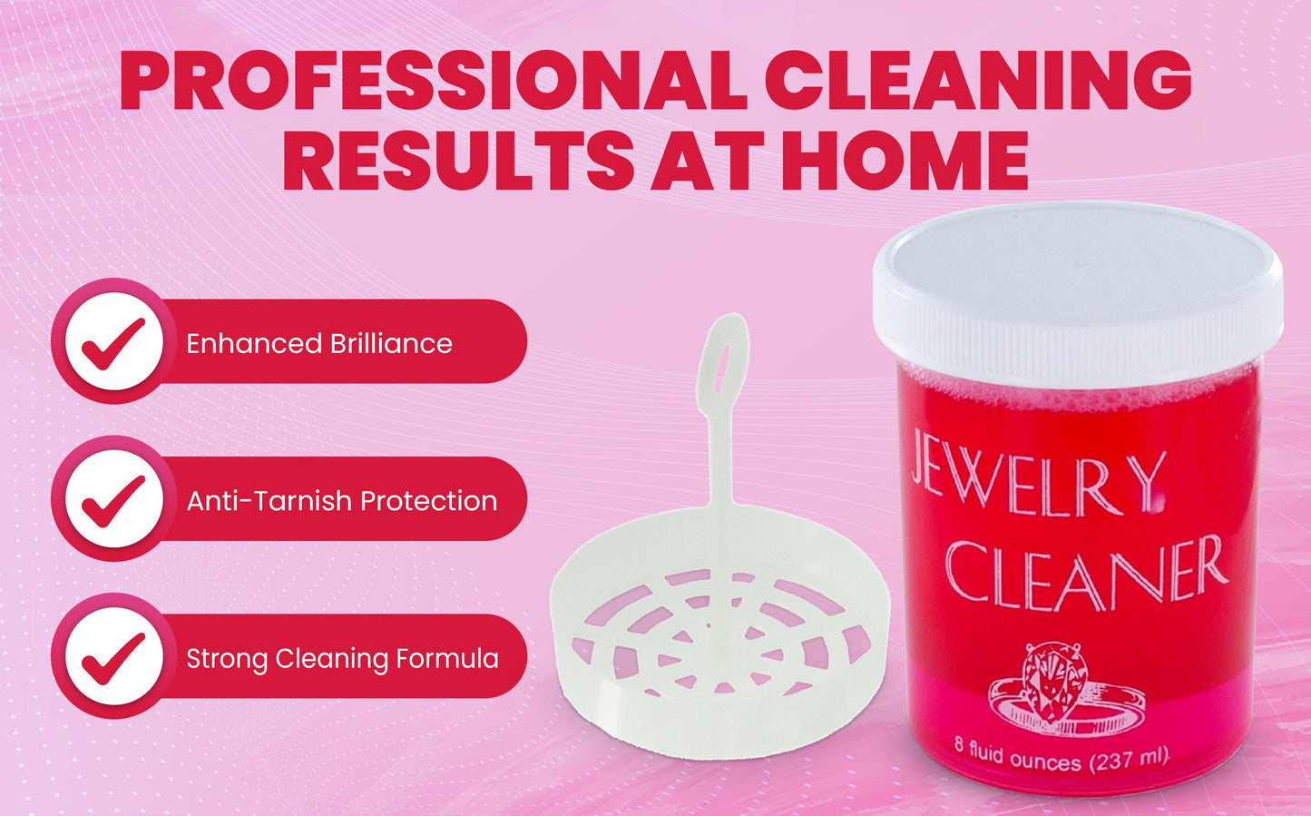 Jewelry Cleaner 8 fl oz for Gold, Silver & Platinum – Fast-Acting Dip Formula, Includes Strainer Basket, Cleaning Brush & Microfiber Cloth – Safe for Stones & Pearls