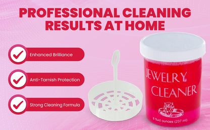 Jewelry Cleaner 8 fl oz for Gold, Silver & Platinum – Fast-Acting Dip Formula, Includes Strainer Basket, Cleaning Brush & Microfiber Cloth – Safe for Stones & Pearls